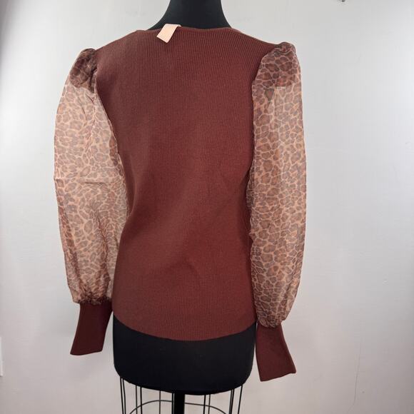 Anthropologie DOLAN Brown Sweater Leopard Sweetheart Sheer Puff Sleeve Large NEW - Picture 4 of 6